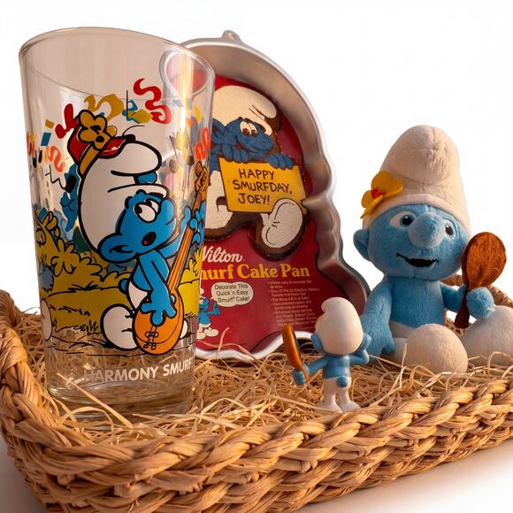 Smurfette found in thrift store bag of cars and trucks Vintage 1983 Smurfs Lot Cake Pan Glass Vanity Smurf Plush & Figure 80s Set